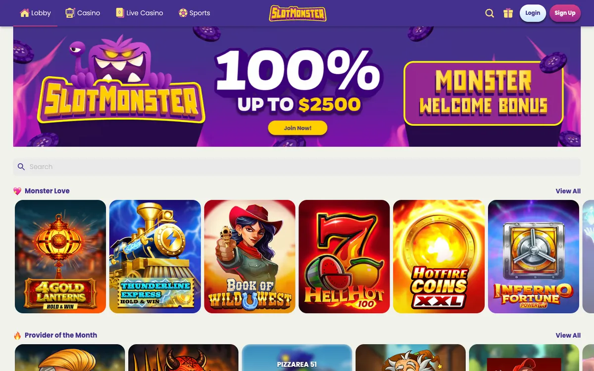 Slotmonster Casino — Home page, captured from Canada