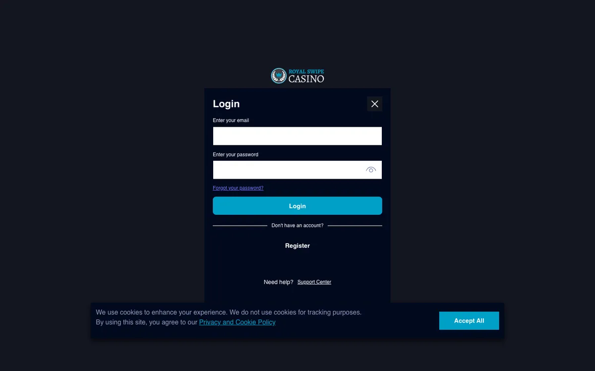 Royal Swipe Casino — «Регистрация», снято из страны Великобритания