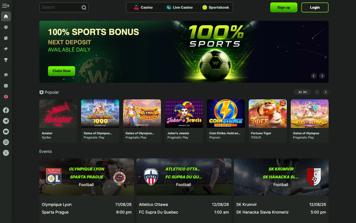 WeltBet Casino — Home page, captured from Switzerland