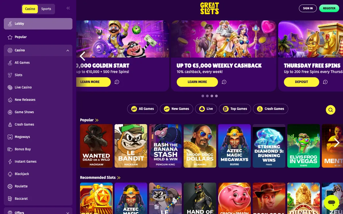 Great Slots Casino — Home page, captured from Italy