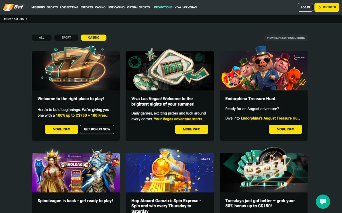 1Bet Casino — Promotions, captured from Canada