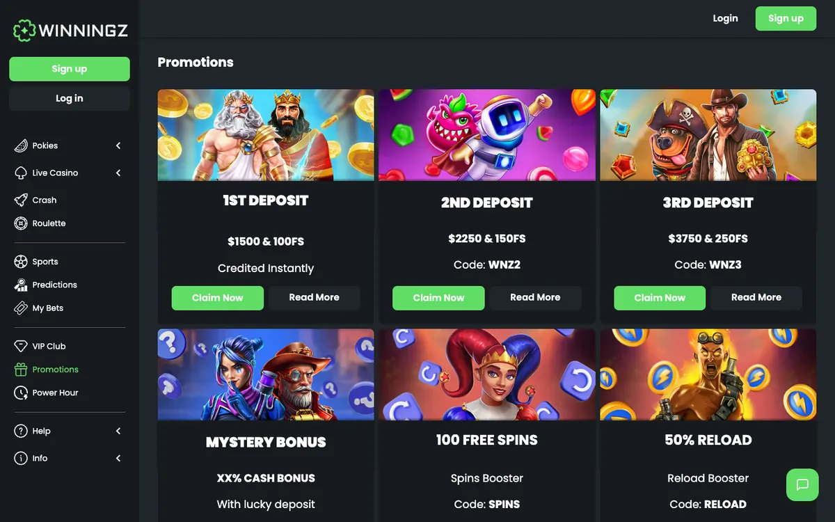 Winningz Casino — «Акции», снято из страны Новая Зеландия