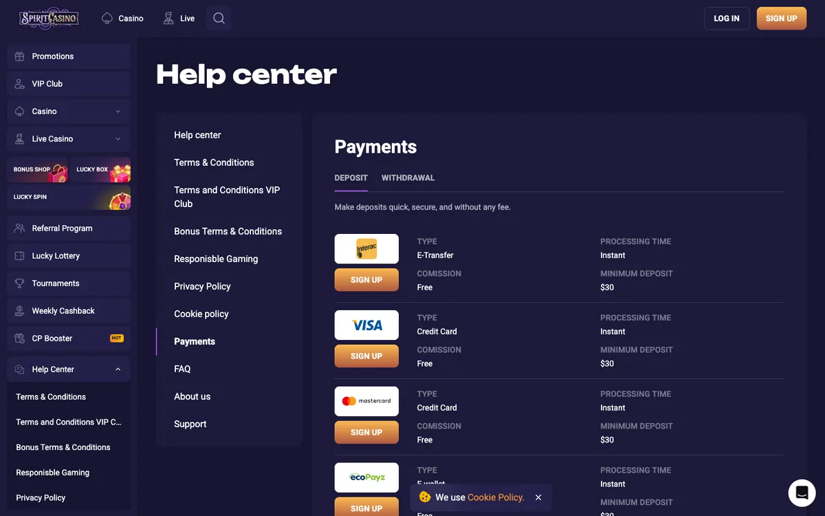 Spirit Casino — Payments, captured from Canada