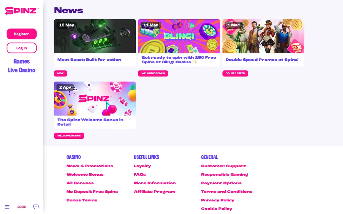 Spinz Casino — Promotions, captured from Belgium