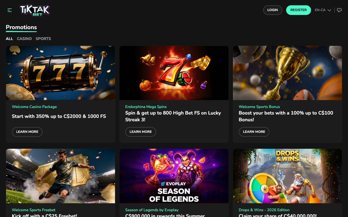 TikTak Bet Casino — «Акции», снято из страны Канада