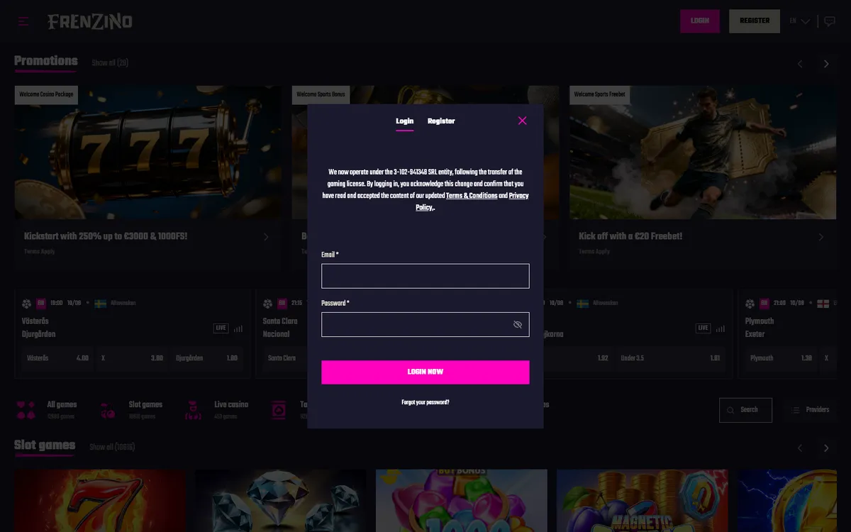 Frenzino Casino — Sign-up, captured from Austria