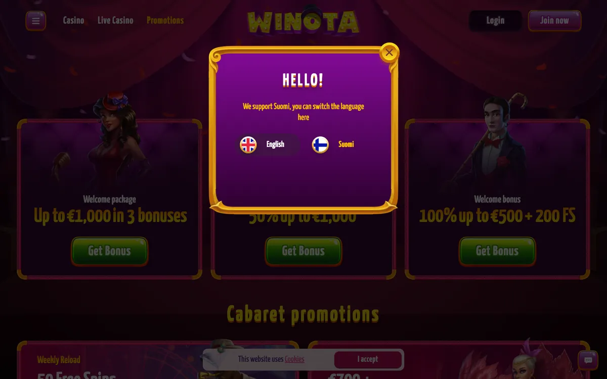 Winota Casino — Promotions, captured from Finland