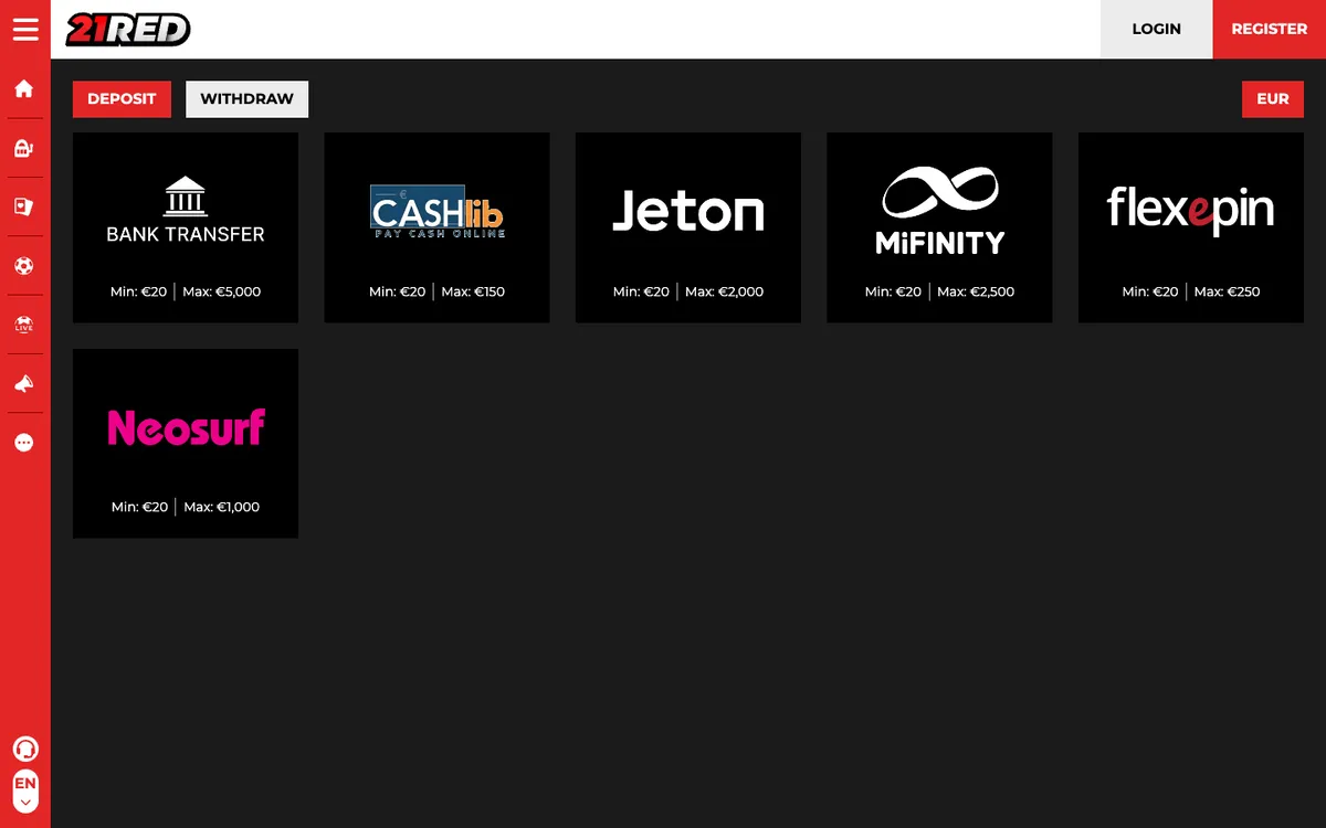21.red Casino — Payments, captured from Germany