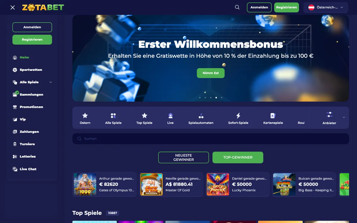 Zotabet Casino — «Главная», снято из страны Австрия