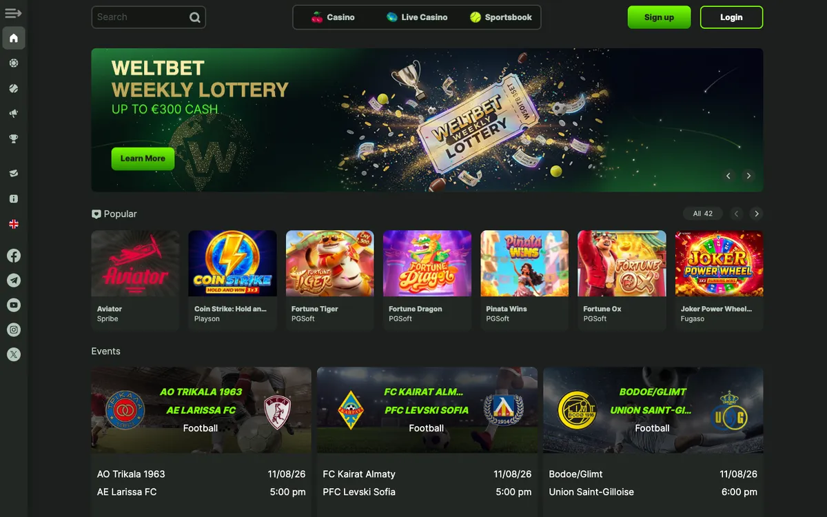 WeltBet Casino — Home page, captured from Spain