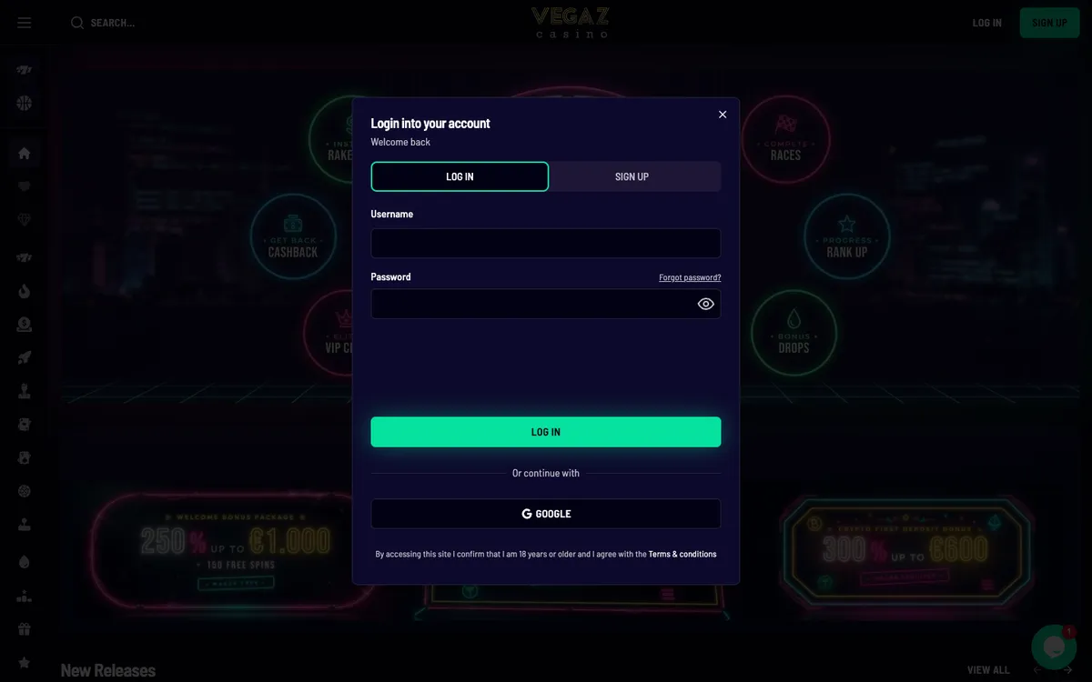 Vegaz Casino — «Регистрация», снято из страны Канада