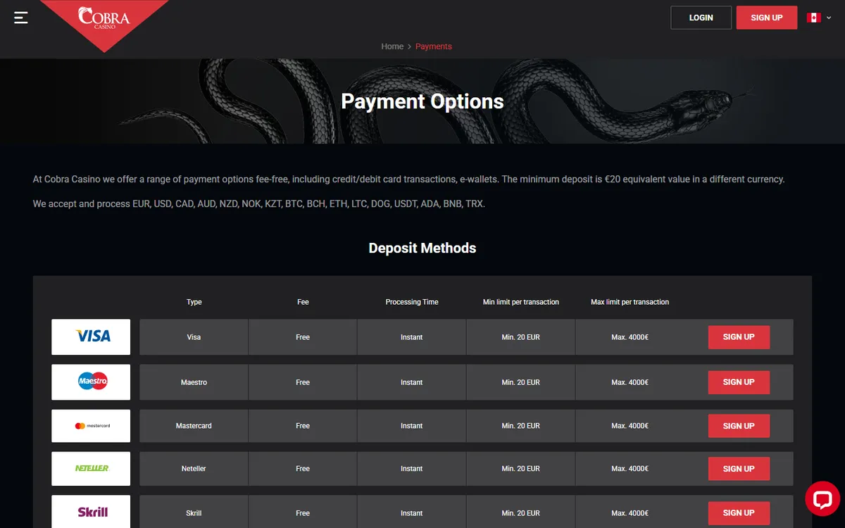 Cobra Casino — «Платежи», снято из страны Канада