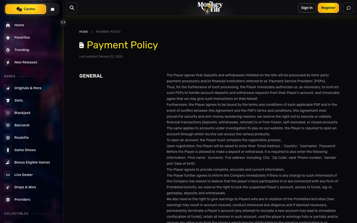 Monkey Tilt Casino — «Платежи», снято из страны ОАЭ