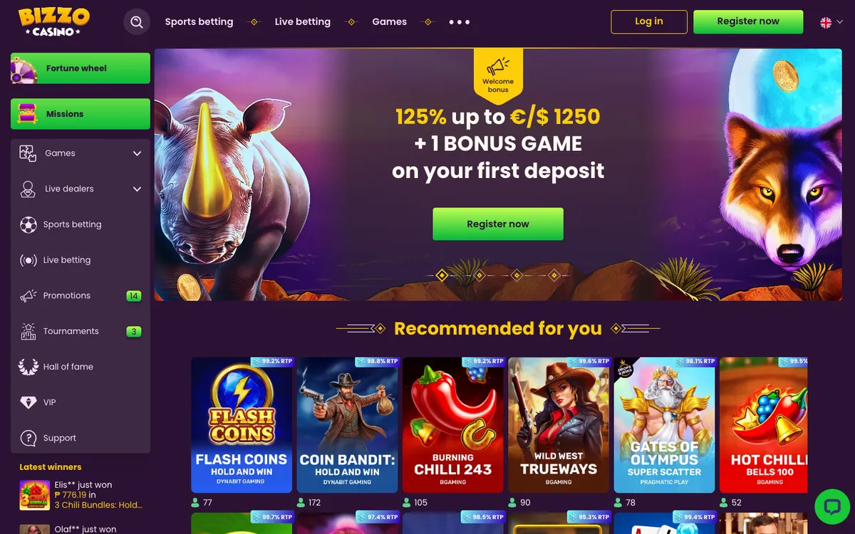 Bizzo Casino — Home page, captured from Singapore