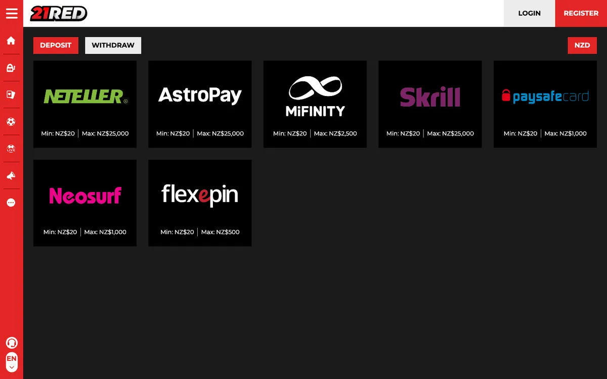 21.red Casino — Payments, captured from New Zealand