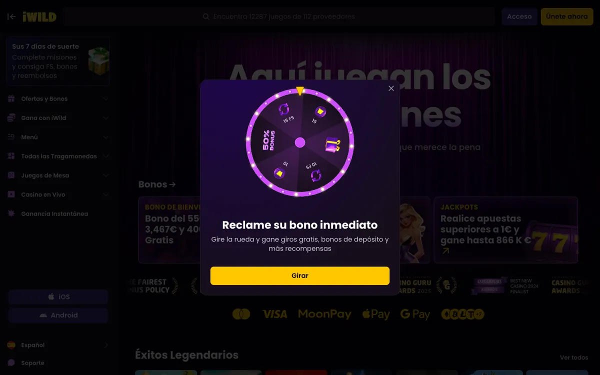 iWild Casino — Home page, captured from Spain
