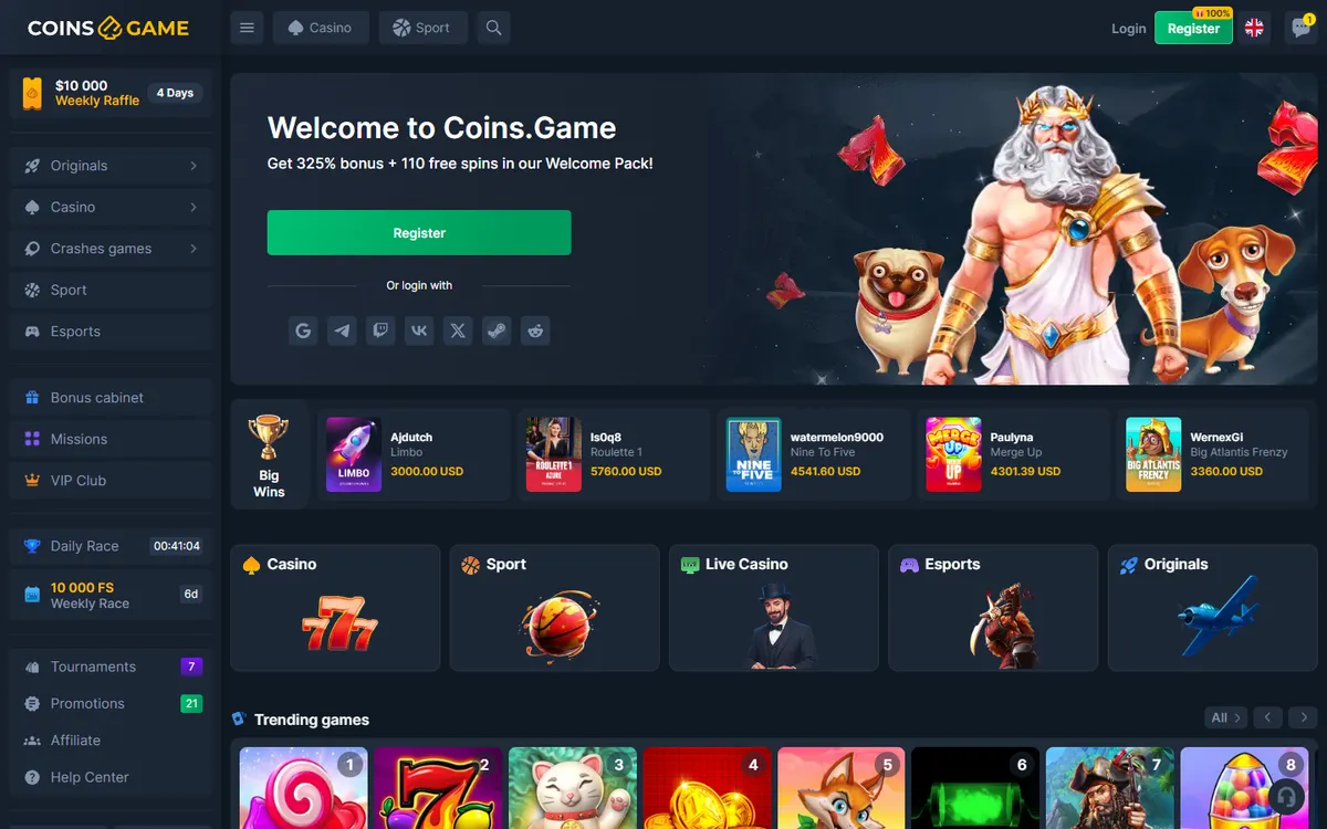 Coins Game Casino — Home page, captured from Canada