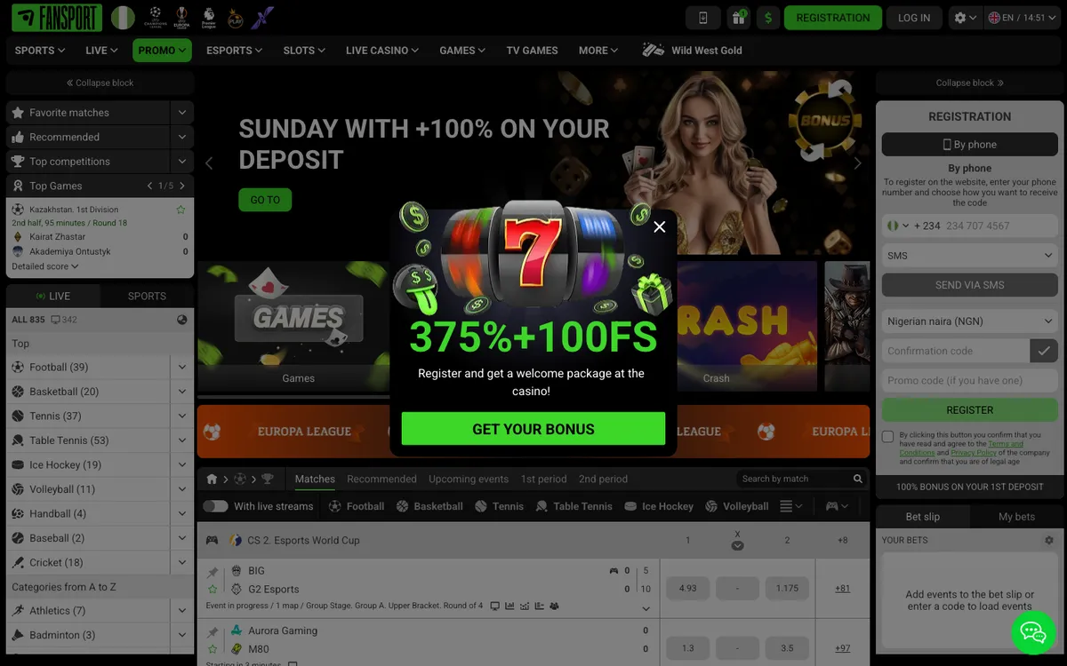 Fansport Casino — Home page, captured from Nigeria
