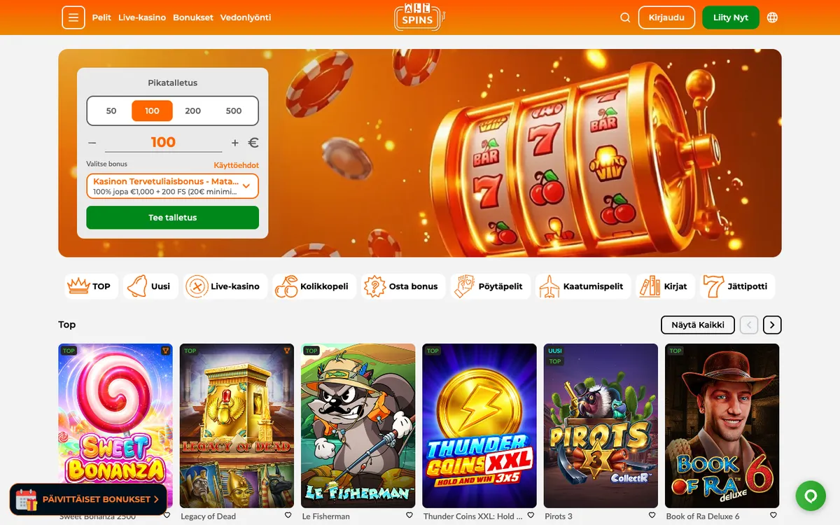 AllSpins Casino — «Главная», снято из страны Финляндия