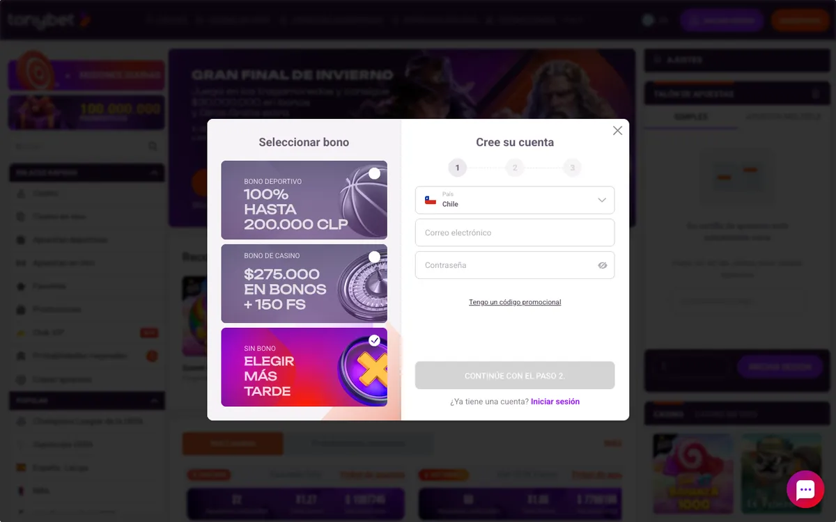 TonyBet Casino — Home page, captured from Chile