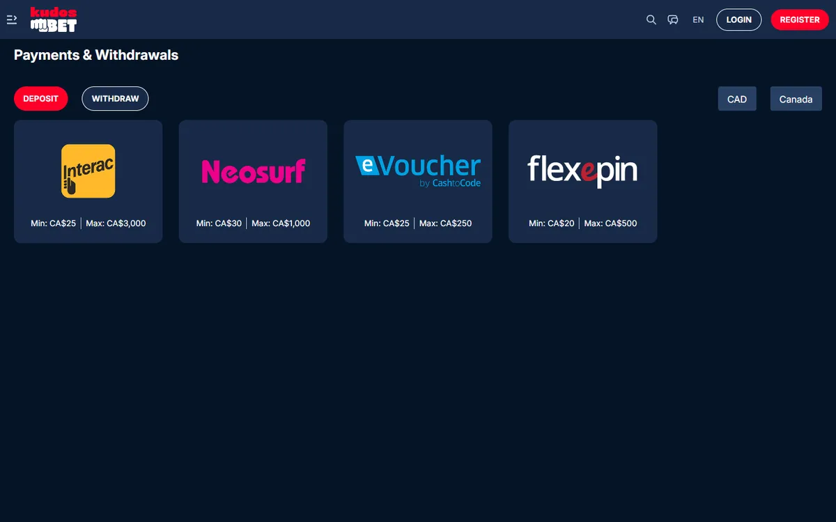 Kudosbet Casino — Payments, captured from Canada