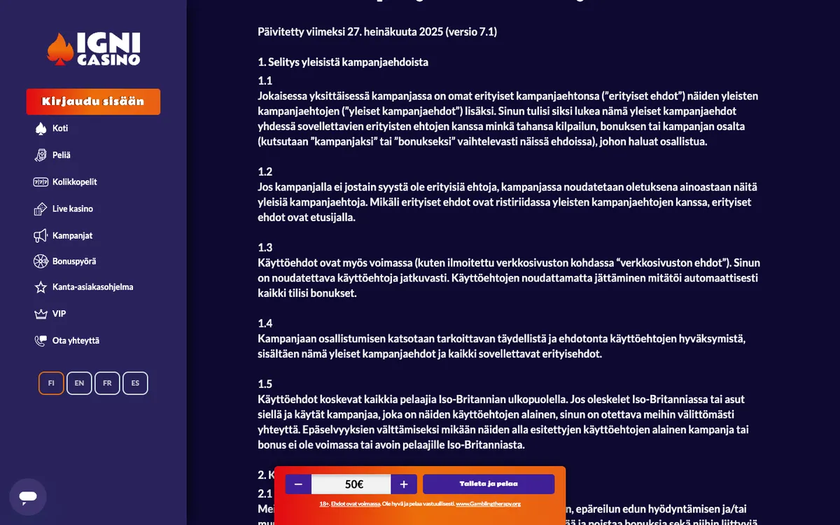 Igni Casino — «Акции», снято из страны Финляндия