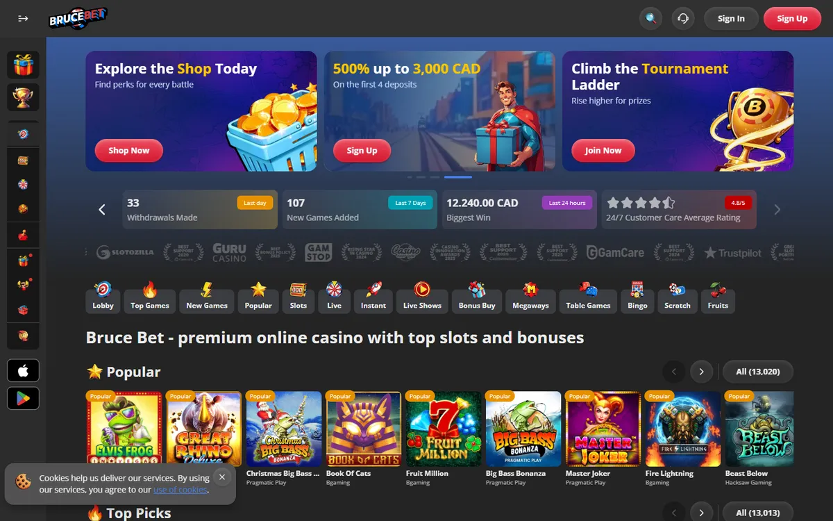 BruceBet Casino — Home page, captured from Canada