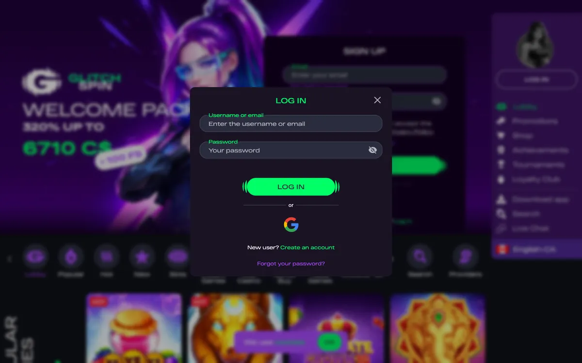 Glitchspin Casino — «Регистрация», снято из страны Канада