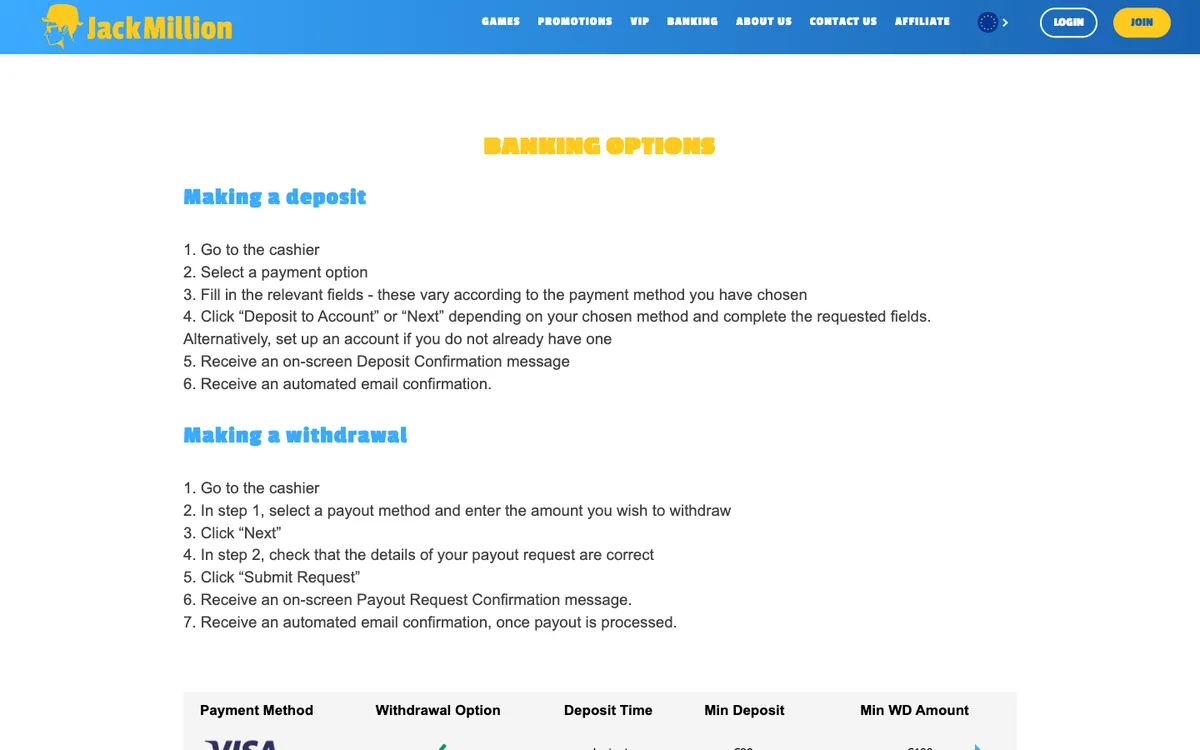 JackMillion Casino — Payments, captured from South Africa