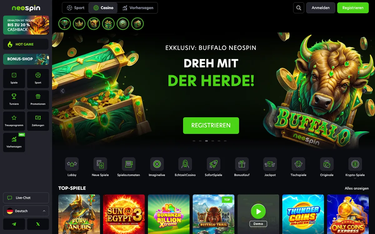 Neospin Casino — Home page, captured from Germany