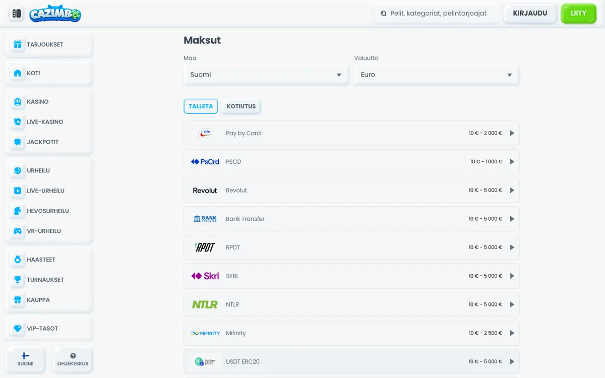 Cazimbo Casino — Payments, captured from Finland