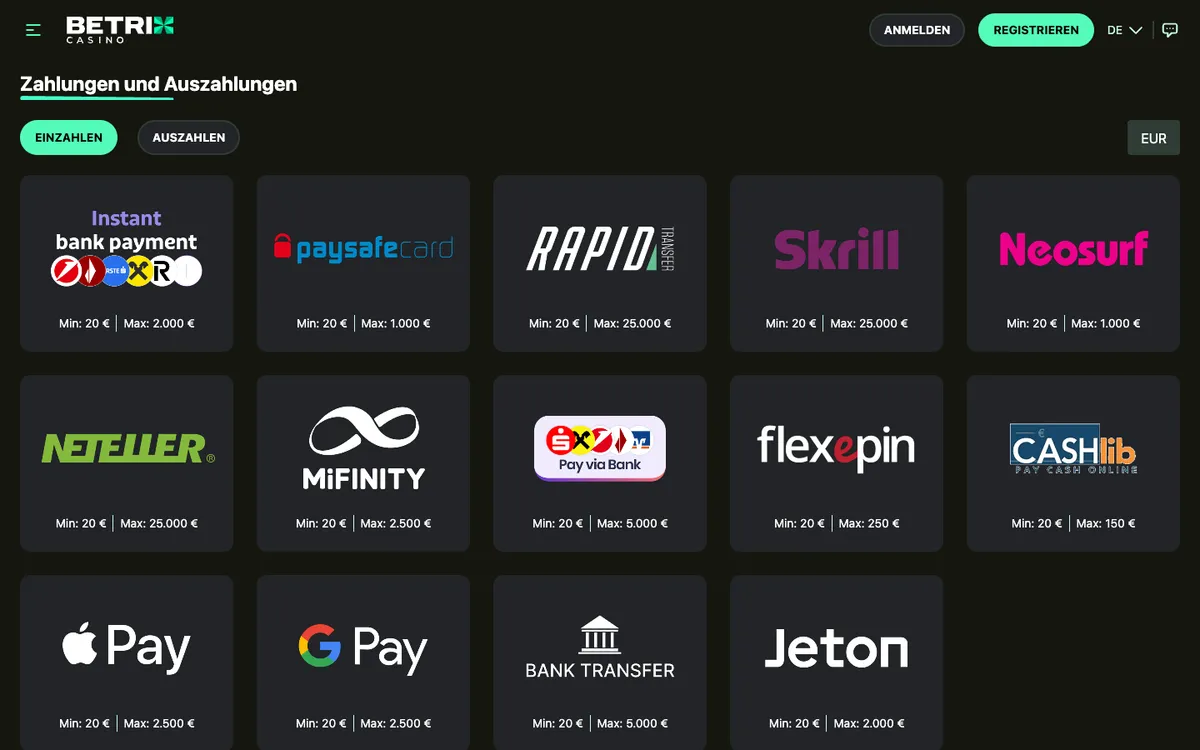 Betrix Casino — Payments, captured from Austria