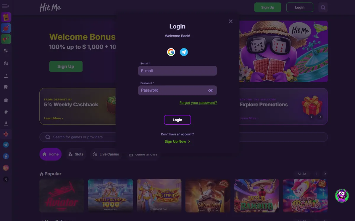 Hit Me Casino — «Регистрация», снято из страны Канада