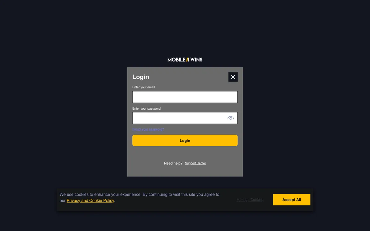 Mobile Wins Casino — Sign-up, captured from Austria
