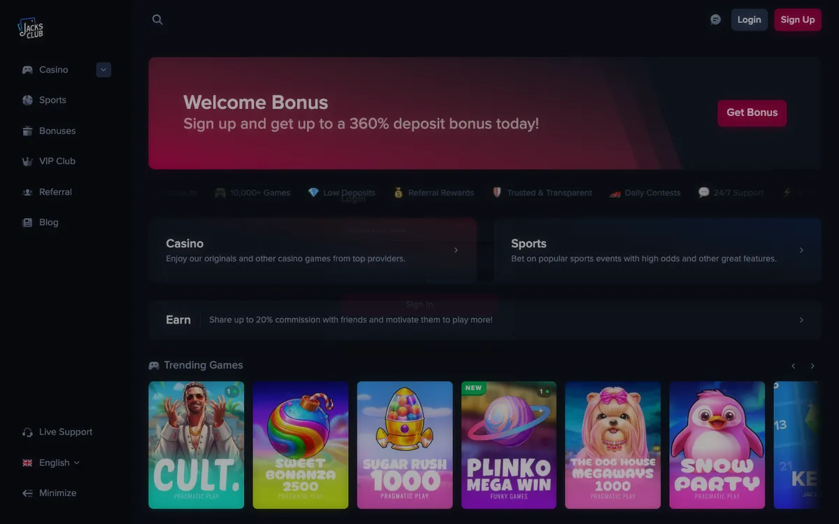 Jacks Club Casino — Sign-up, captured from Italy