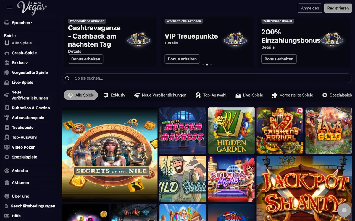 Always Vegas Casino — Home page, captured from Germany