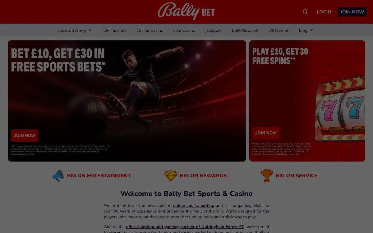 Bally Bet Casino — Home page, captured from United Kingdom