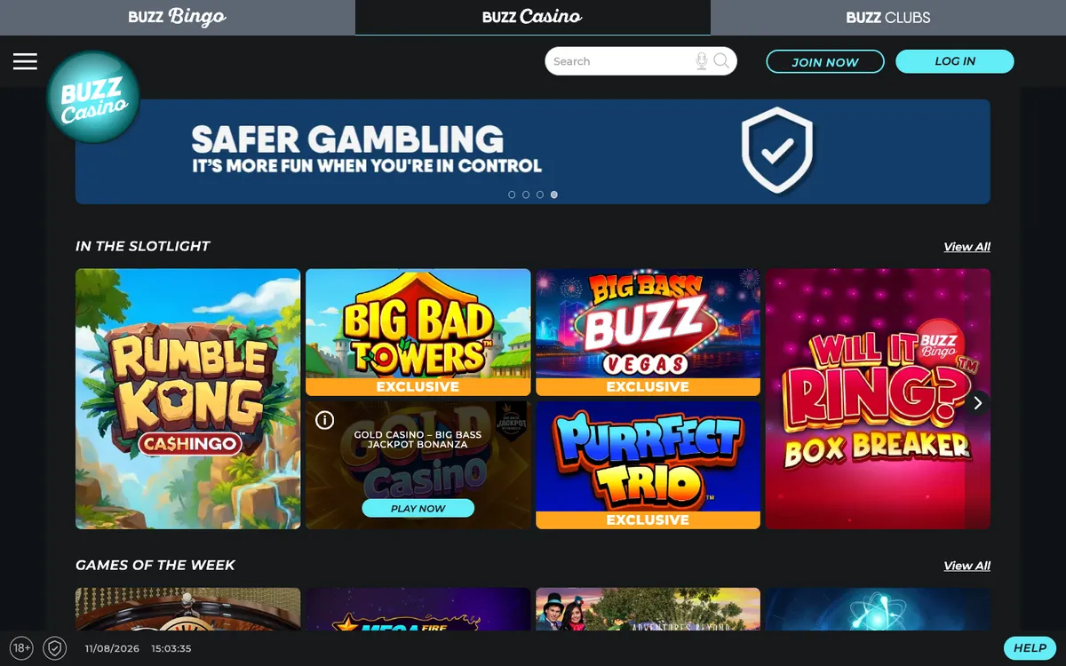 Buzz Casino — Home page, captured from United Kingdom