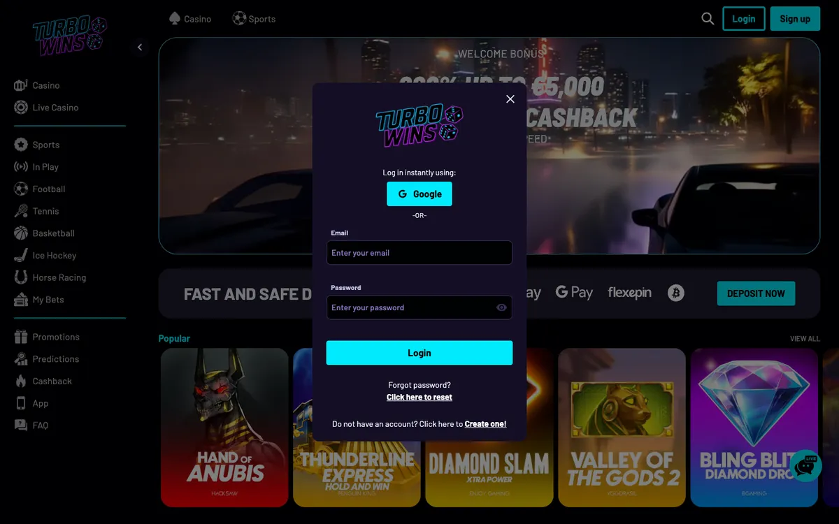 Turbo Wins Casino — Sign-up, captured from France