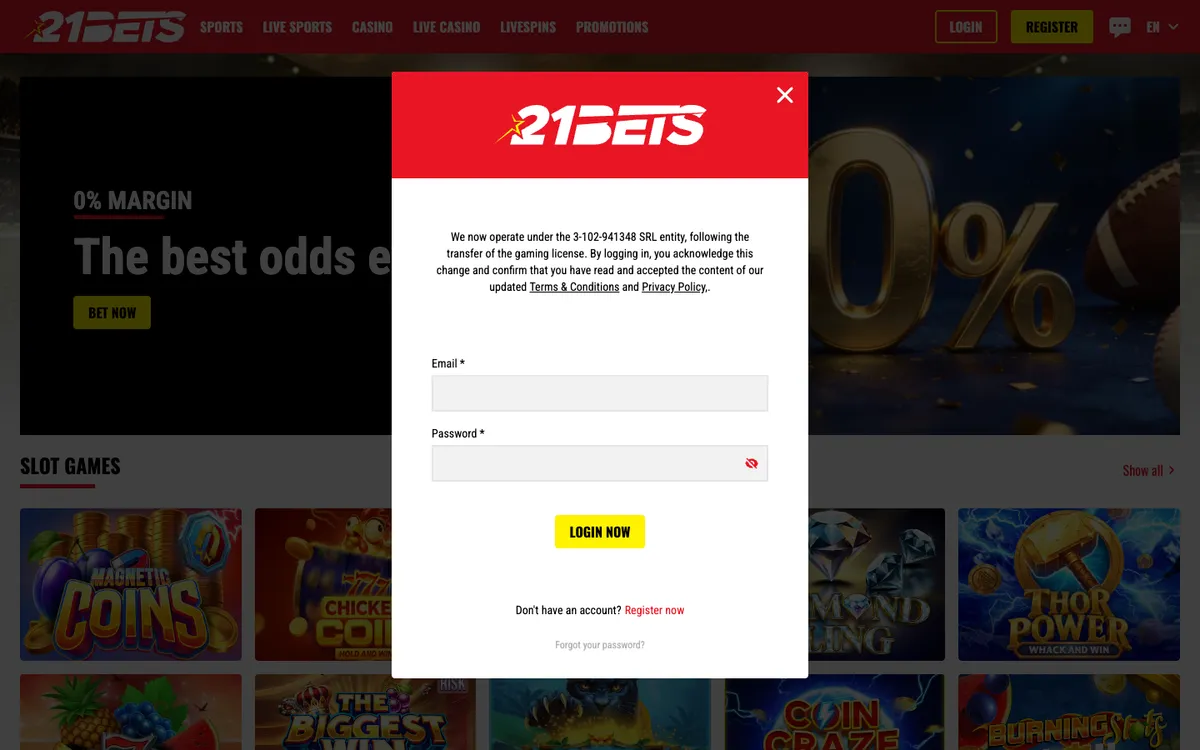 21bets.io Casino — Sign-up, captured from United Kingdom