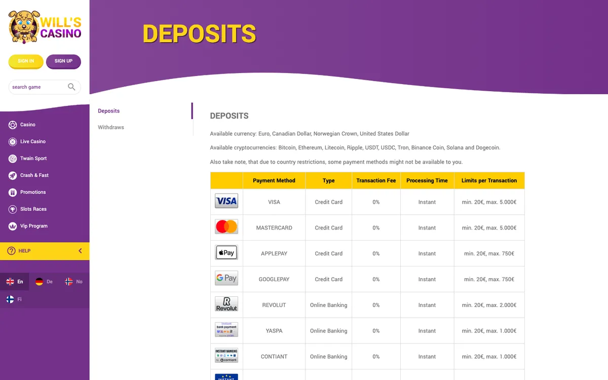 Will's Casino — Payments, captured from Norway