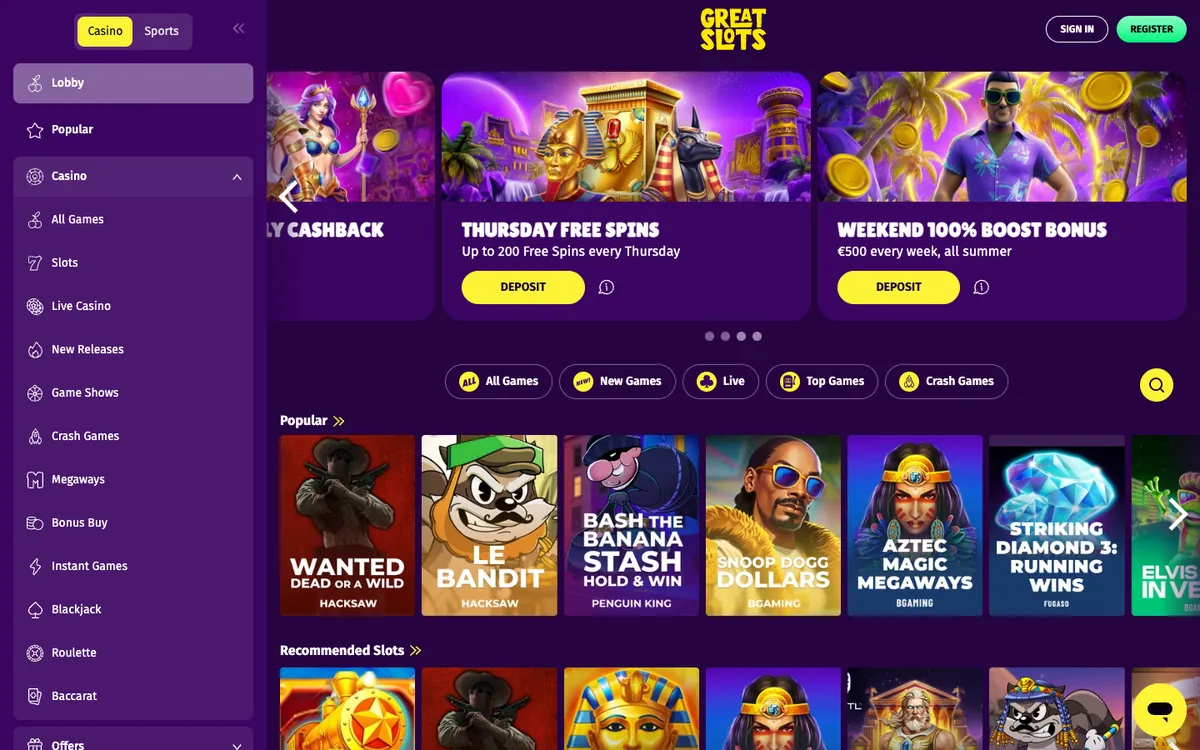 Great Slots Casino — «Главная», снято из страны Германия