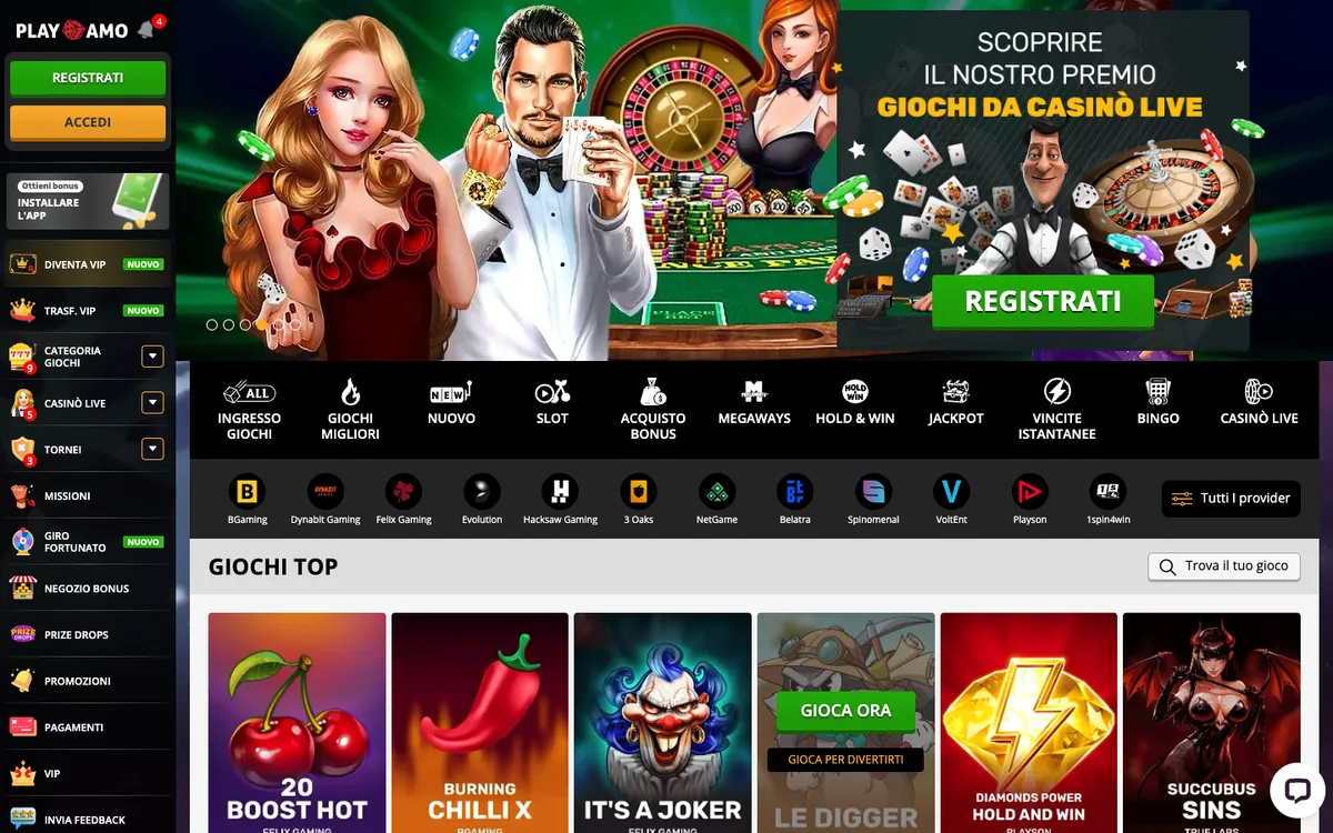 Playamo Casino — Home page, captured from Italy