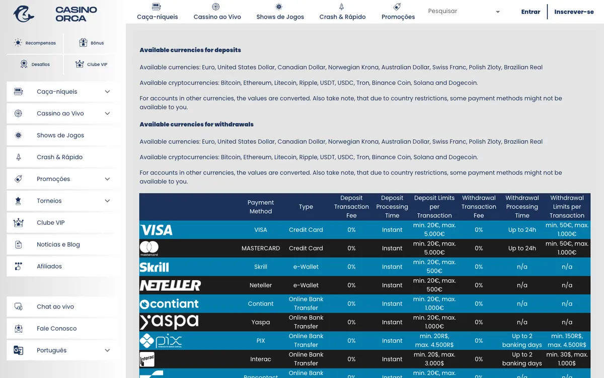 Casino Orca — Payments, captured from Portugal