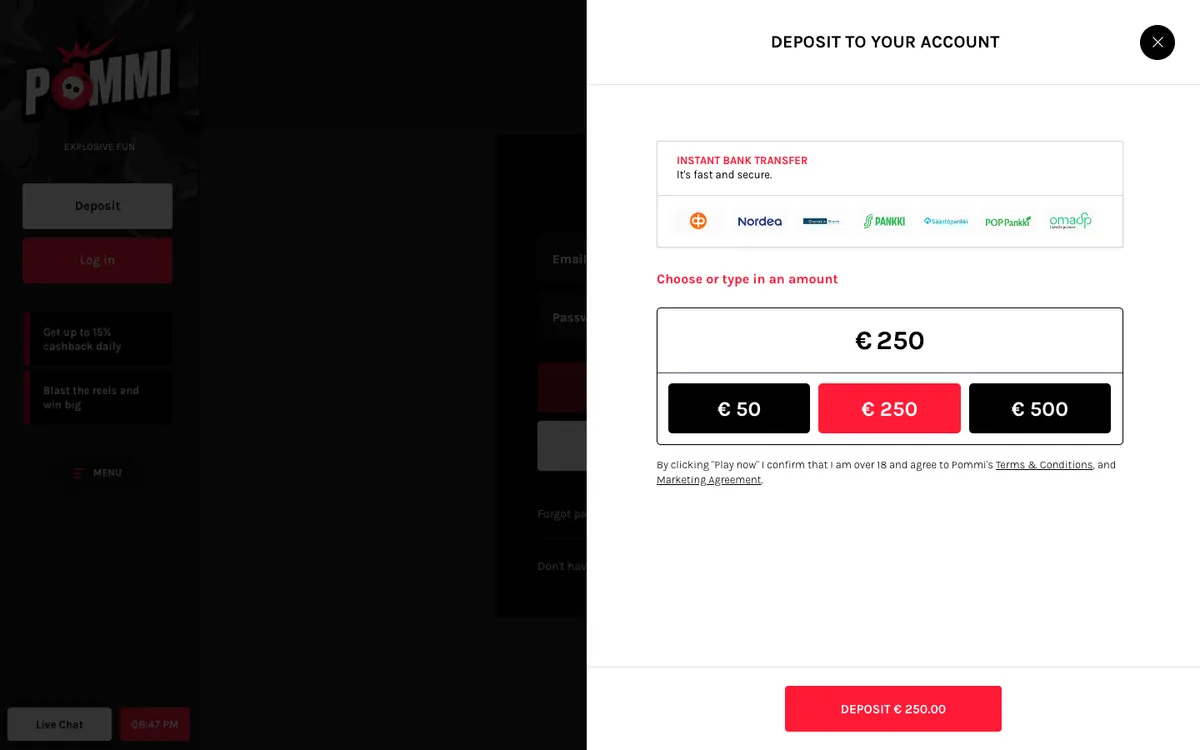 Pommi Casino — Sign-up, captured from Finland