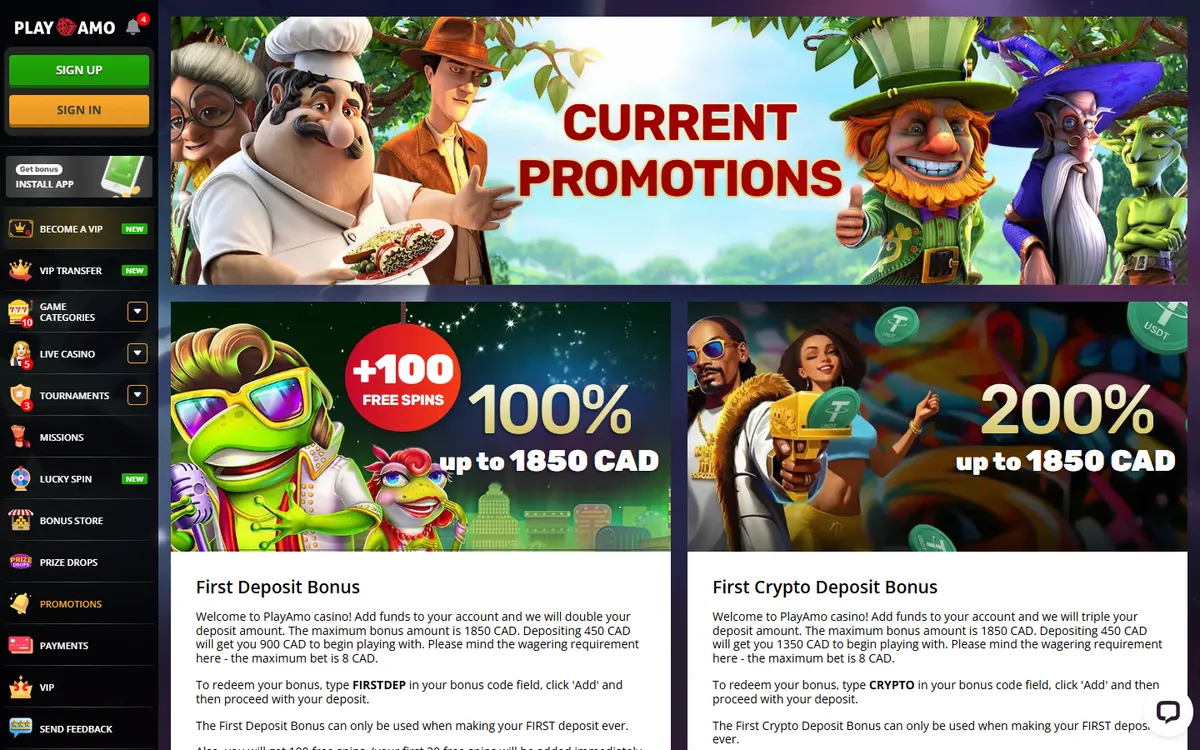 Playamo Casino — Promotions, captured from Canada