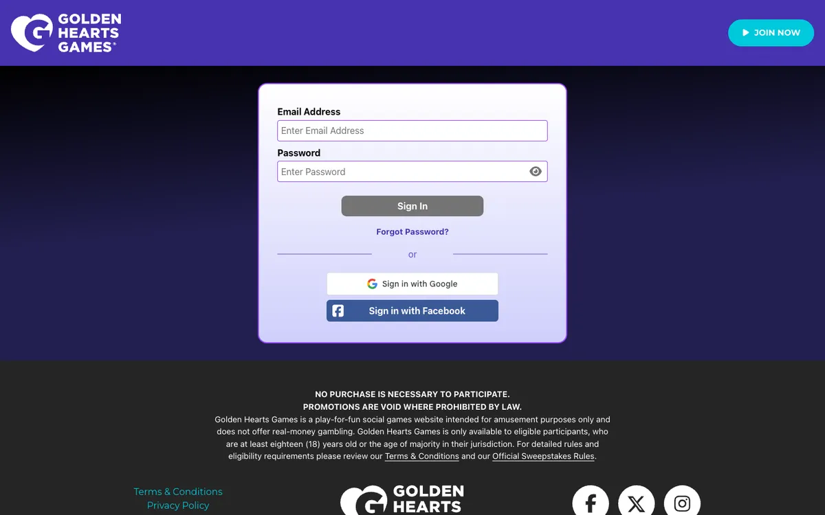 Golden Hearts Games Casino — Sign-up, captured from United States
