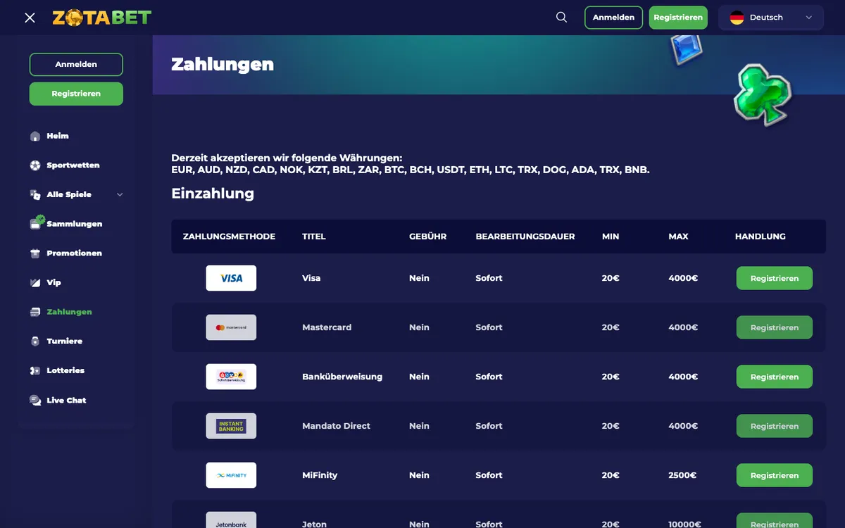 Zotabet Casino — Payments, captured from Germany
