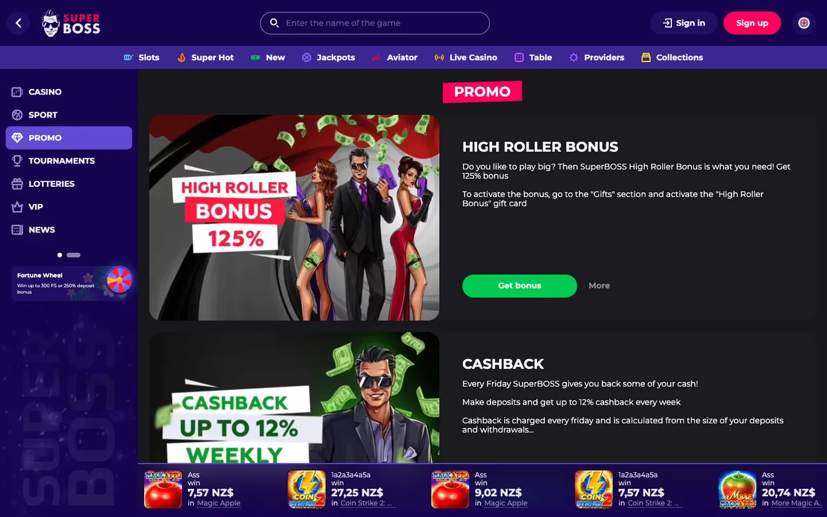 SuperBoss Casino — Promotions, captured from New Zealand