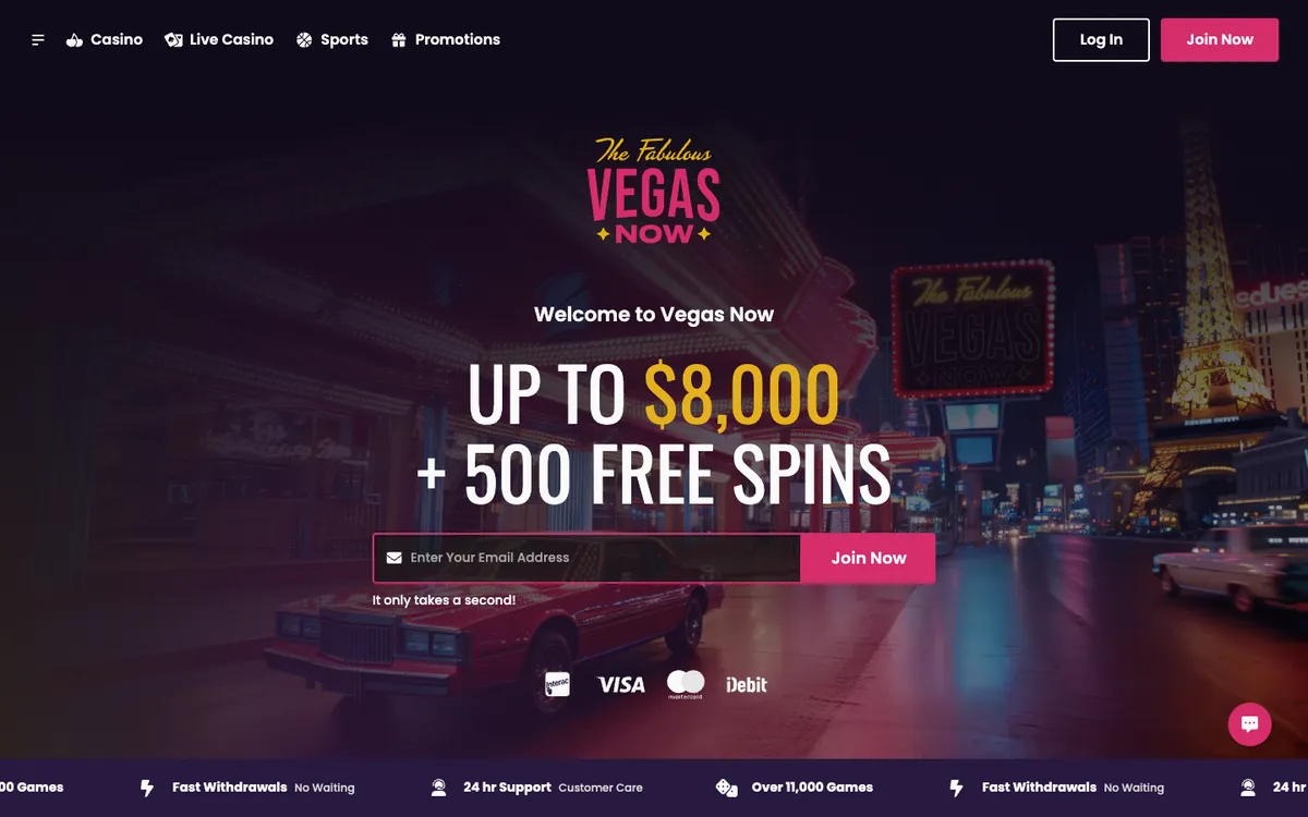 Vegas Now Casino — Home page, captured from Canada